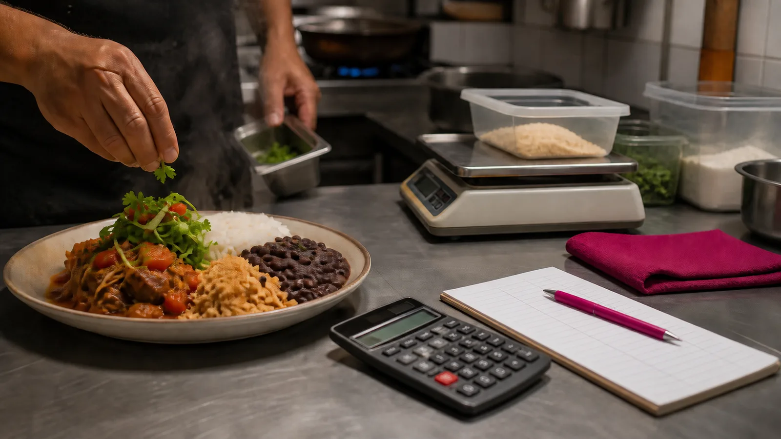 Imagem ilustrativa de um prato sendo finalizado ao lado de balança, ingredientes, calculadora e ficha de custos