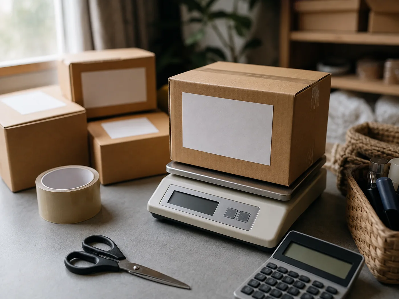 Mesa de trabalho de vendedor online com caixas etiquetadas, balança de encomenda e calculadora