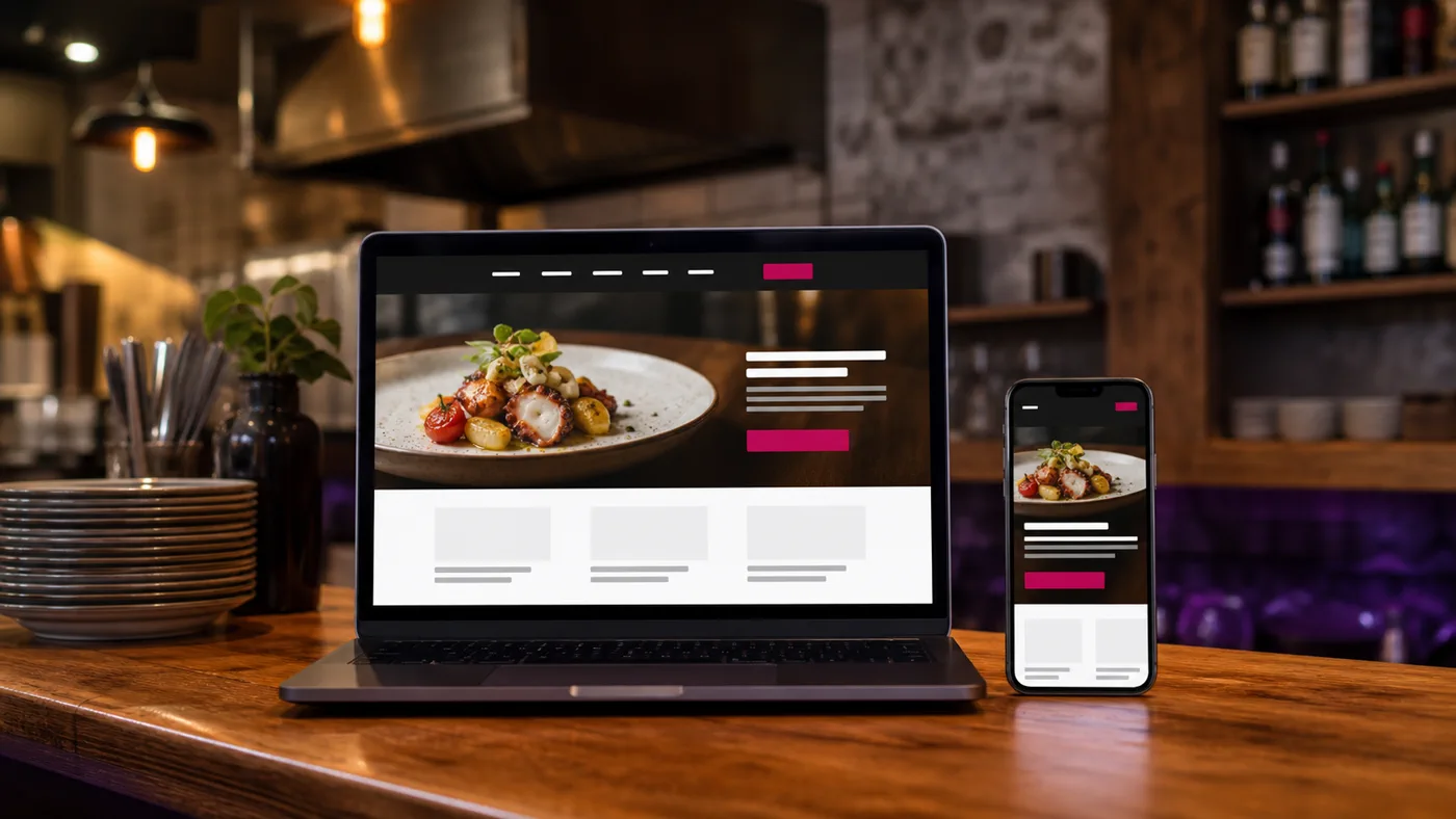 Site de restaurante aberto no computador e no celular